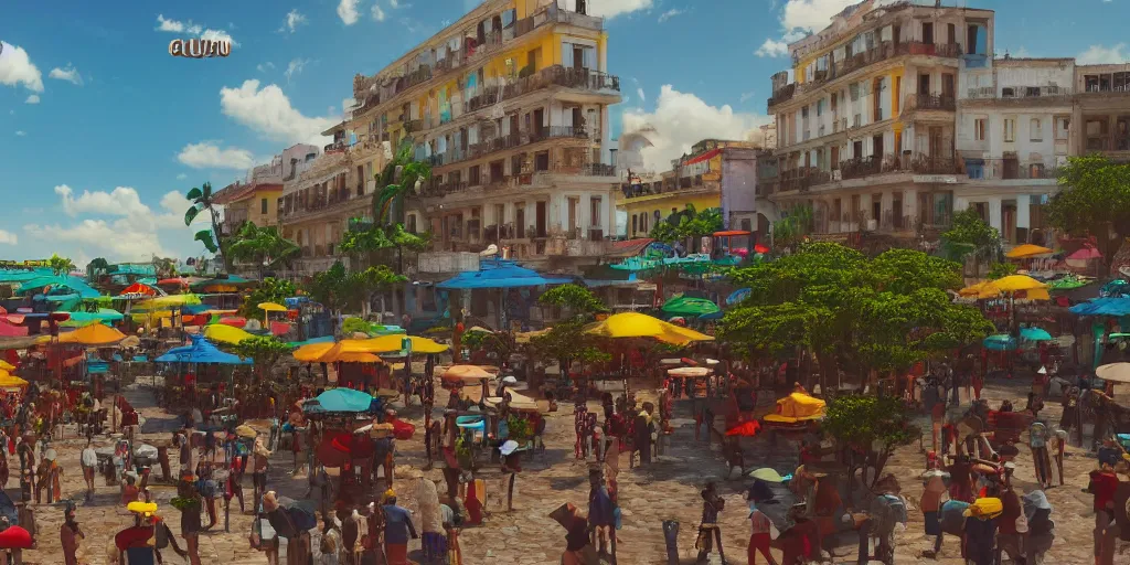 Image similar to cuba city square, cuban jazz, colorful, contrast, depth of field, 3 d scene, render, greg rutkowski, zabrocki, karlkka, jayison devadas, trending on artstation, 8 k, ultra wide angle, zenith view, pincushion lens effect