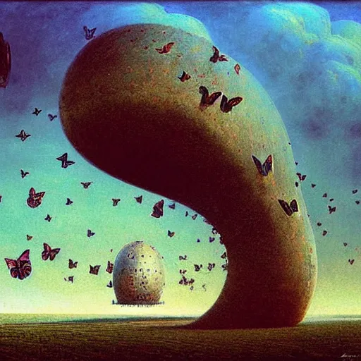 Prompt: Massive butterfly battle airship flying over a hill by Zdzislaw Beksinski