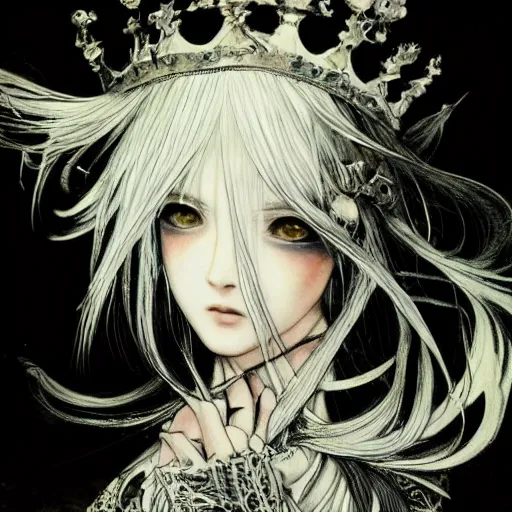 Prompt: yoshitaka amano blurred and dreamy illustration of an anime girl with black eyes, wavy white hair fluttering in the wind wearing elden ring armor and crown with engraving, abstract black and white patterns on the background, noisy film grain effect, highly detailed, renaissance oil painting, weird portrait angle, blurred lost edges, three quarter view