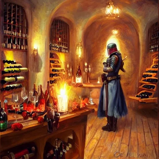 Prompt: wine cellar full of food, torches on the wall, schnapps, romantic, inviting, cozy, Boba fett, painting Vladimir Volegov