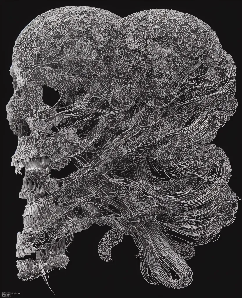 Image similar to fully black background. background hex 000000. goddess princess face close-up portrait ram skull. japanese coloured paper bas relief paper sculpture. jellyfish phoenix head, nautilus, orchid, skull, betta fish, bioluminiscent creatures, intricate artwork by Tooth Wu and wlop and beeple. octane render, trending on artstation, greg rutkowski very coherent symmetrical artwork. cinematic, hyper realism, high detail, octane render, 8k