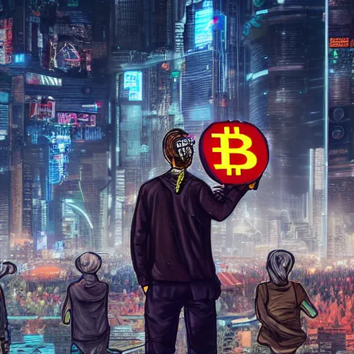 Image similar to crowd running scared from a giant with a bitcoin in his head, cyberpunk art, hyper-realistic, 4k