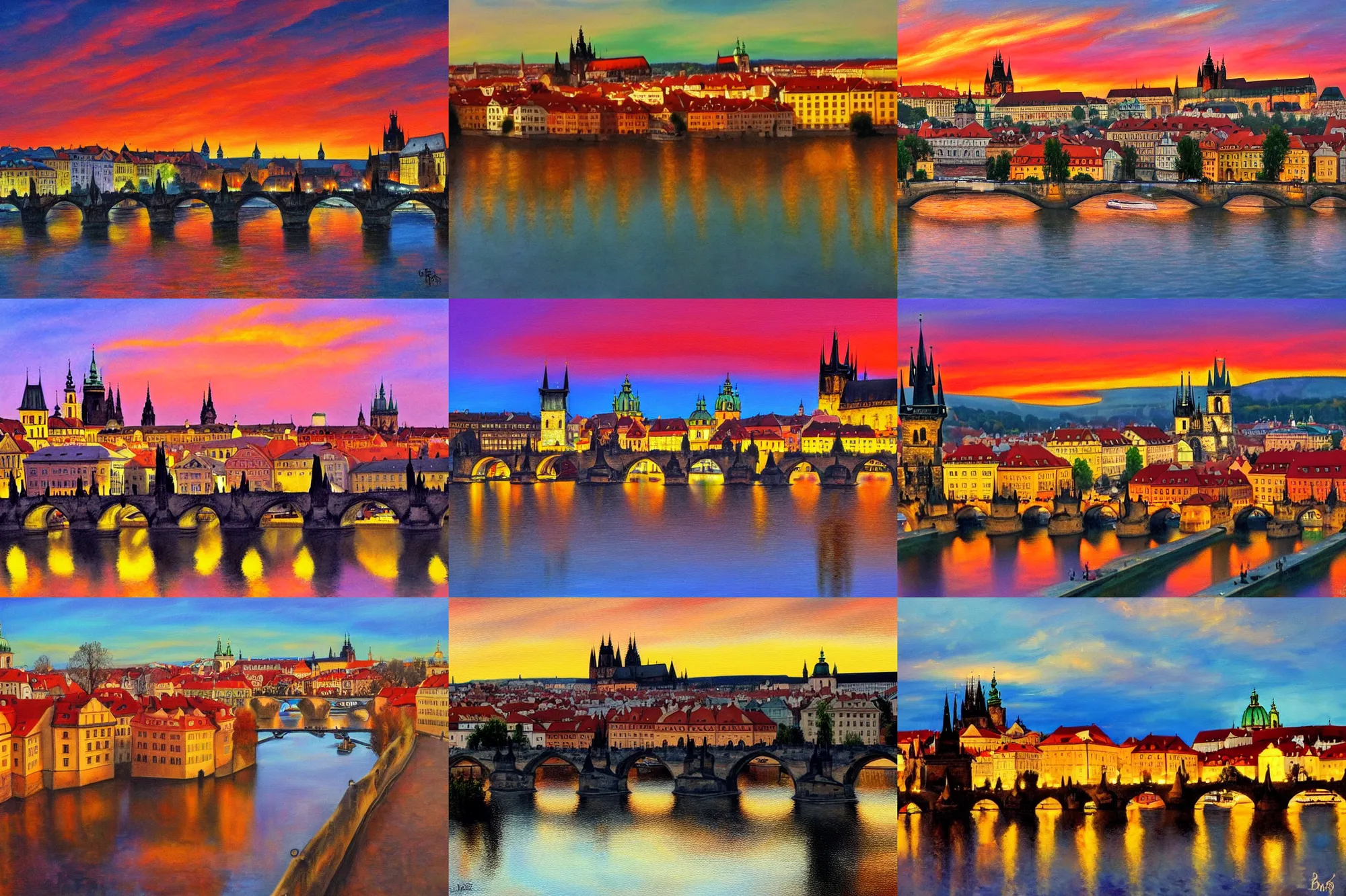 Prompt: prague, view from charles bridge, sunset, painting by bob ross