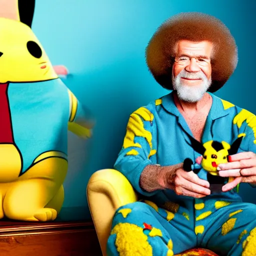 Prompt: a portrait photograph of Bob Ross Wearing a pikachu onesie