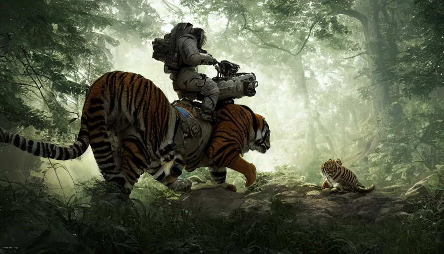 Image similar to american astronaut in the forest riding a bengal tiger, plants environment, wide angle, cinematic lighting, atmospheric, ultrarealistic, trending on artstation, cgsociety, highly detailed, color graded, in the style of craig mullins, rendered in Unreal Engine 4k HQ, shadow of the tomb rider