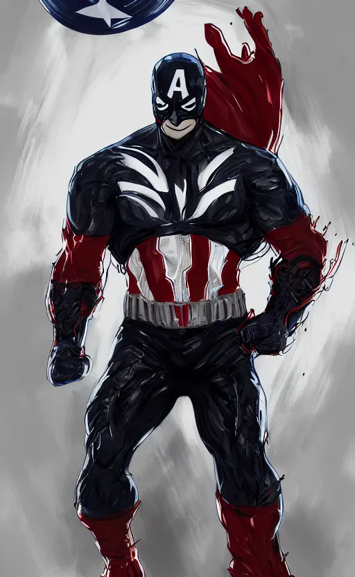 Image similar to full body portrait of venom as captain america, dynamic lighting, cinematic, ultra detailed, trending on art station, stunning visuals, creative, fantasy concept art