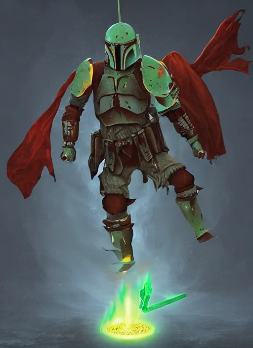 Image similar to arcane wizard x boba fett, fantasy inspired boba fett as a wizard, 3 d digital art, character mashup, epic volumetric lighting, combination art, photorealistic