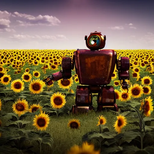 Prompt: a rusty broken robot laying forgotten in a sunflower field, cinematic shot, 3 d render