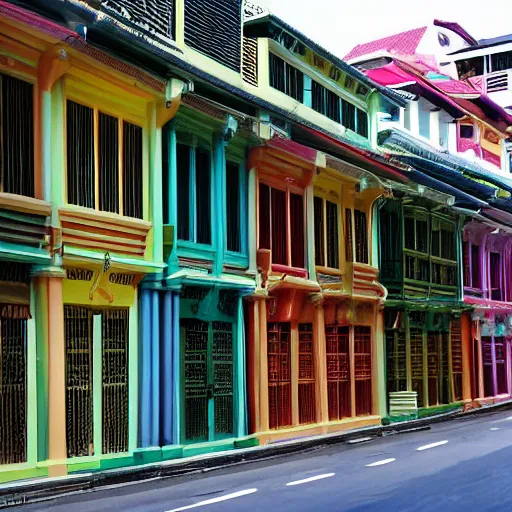 Prompt: a row of shophouses in singapore, by moebius