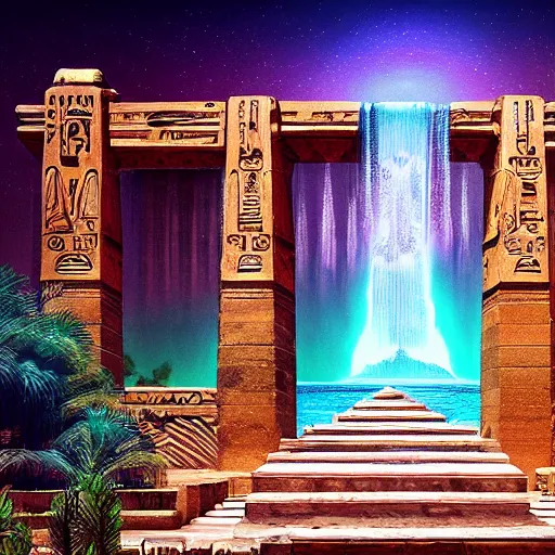 Prompt: old egyptian structures with waterfalls, epic retrowave art, trending on art station