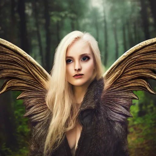 Image similar to very pretty blond female angel with huge dragon wings in a dark forest, perfect symmetrical face, shallow depth of field, moody lighting, single point of light, 8 k, cultural realistic, in the style of martina fackova,