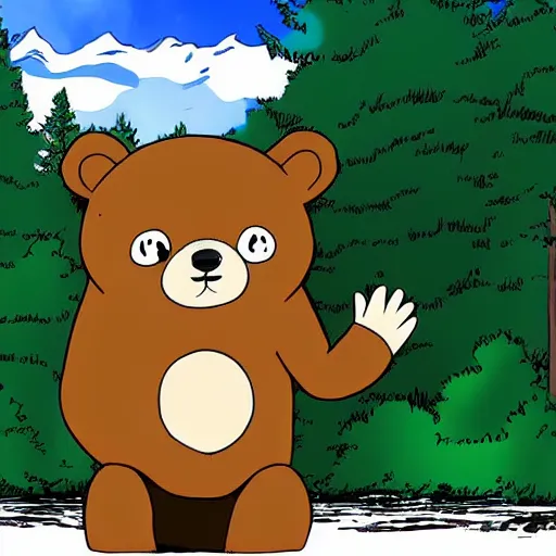 Image similar to a Finnish cartoon, about a bear who lives in the woods, anime style, Finnish cartoon