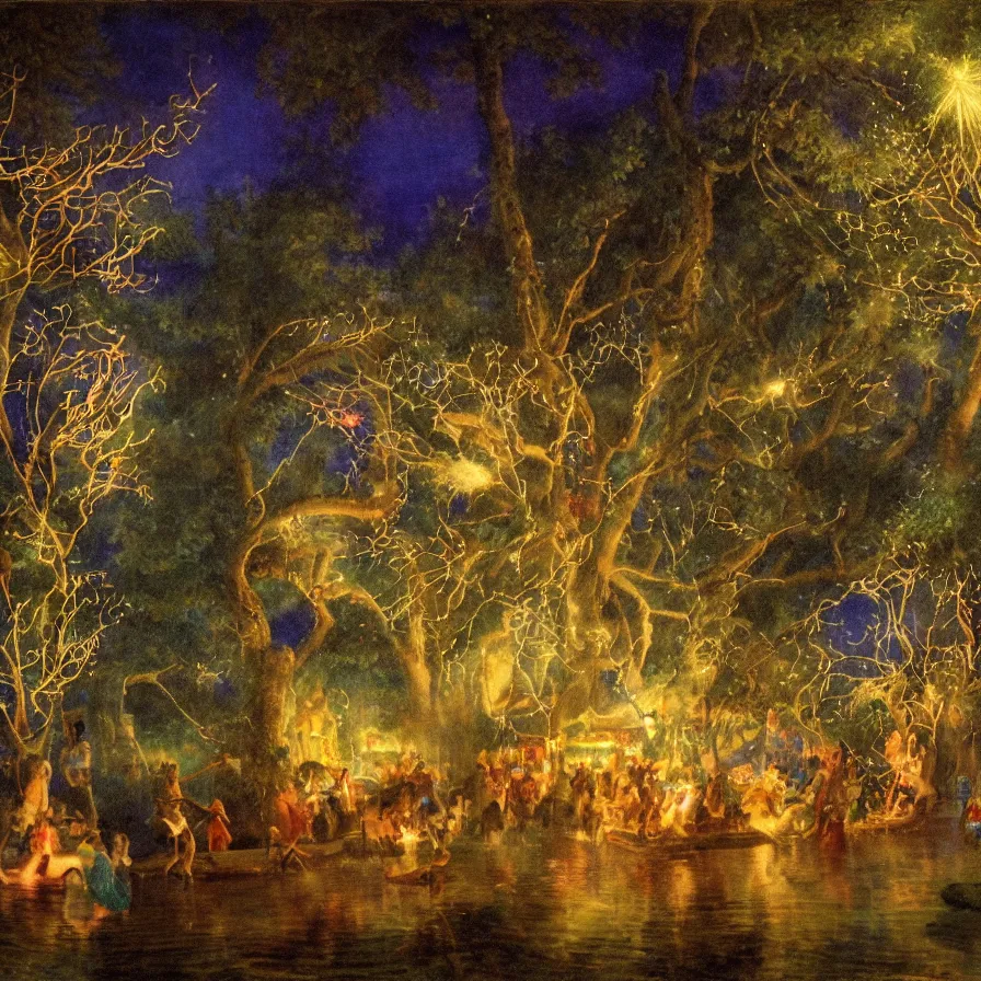 Image similar to closeup of a night carnival around a magical in a summer storm, tree cavity with a music scenario with many fireworks and christmas lights, next to a lake with iridiscent lake water, volumetric lightning, folklore people disguised with fantastic creatures in a magical forest by summer night, masterpiece painted by william russell flint, scene by dark night environment, refraction lights