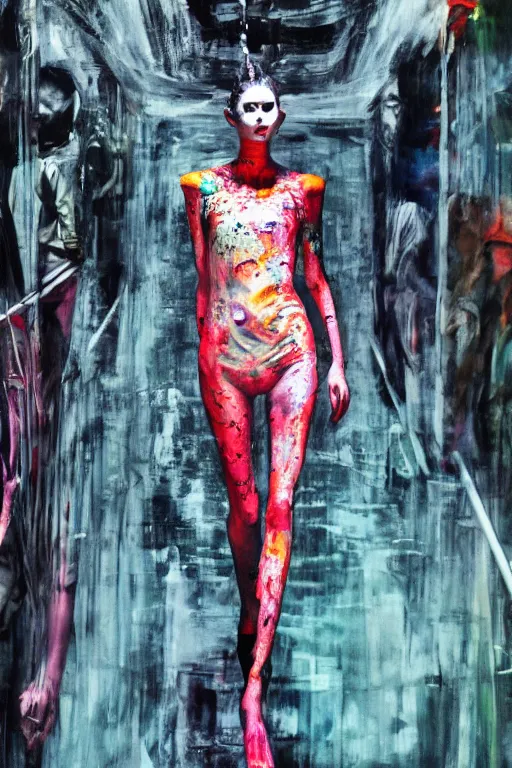 Image similar to crazy fashion catwalk, one model, crazy clothes, biopunk style, horror, clothes look like slime, hauntingly surreal, highly detailed painting by francis bacon, edward hopper, adrian ghenie, gerhard richter, and james jean soft light 4 k,