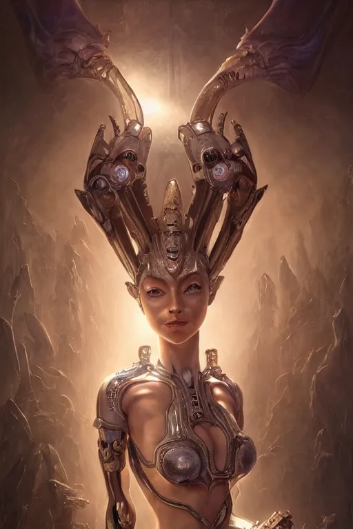 Image similar to portrait of a beautiful female hybrid cybernetic atlantean anubis elsa jean alien warrior, regal, realistic, refined, detailed, digital art, jessica rossier, michael cheval, esao andrews, steampunk, walt disney ( 1 9 3 7 ), francois boucher, oil painting, highly detailed, cinematic lighting, unreal engine, 8 k, hd