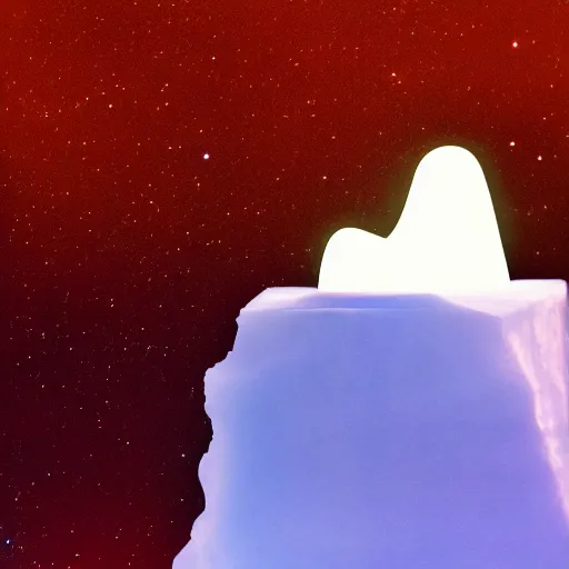 Prompt: A white female ghost sitting on a small iceberg, magically horrifying night sky, high quality photograph