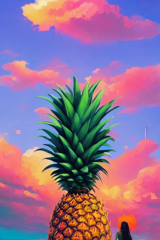 Image similar to closeup, giant pineapple head, girl surrounded by djungle, surreal photography, golden hour, colorful clouds, impressionist painting, digital painting, artstation, simon stalenhag