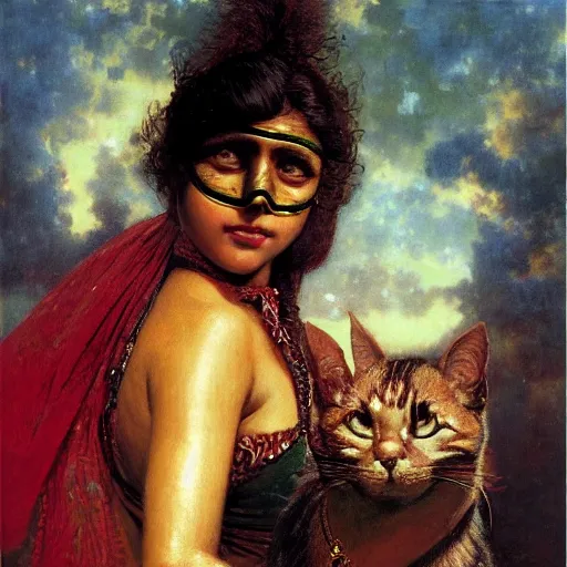 Image similar to detailed potrait 8 0 s srilankan girl with cat woman mask in baroque painting, girl graceful,, painting by gaston bussiere, craig mullins, j. c. leyendecker, lights, art by ernst haeckel, john william godward, hammershøi,,