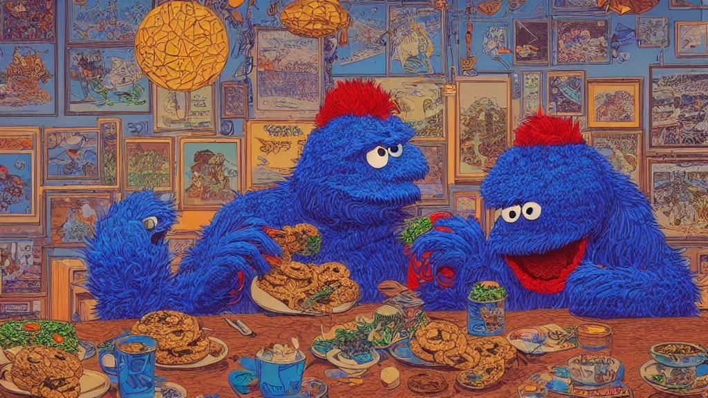 Image similar to highly detailed illustration of cookie monster in the 1 9 7 0 s, by moebius, by oliver vernon, by joseph moncada, by damon soule, by manabu ikeda, by kyle hotz, by dan mumford, by otomo, 4 k resolution