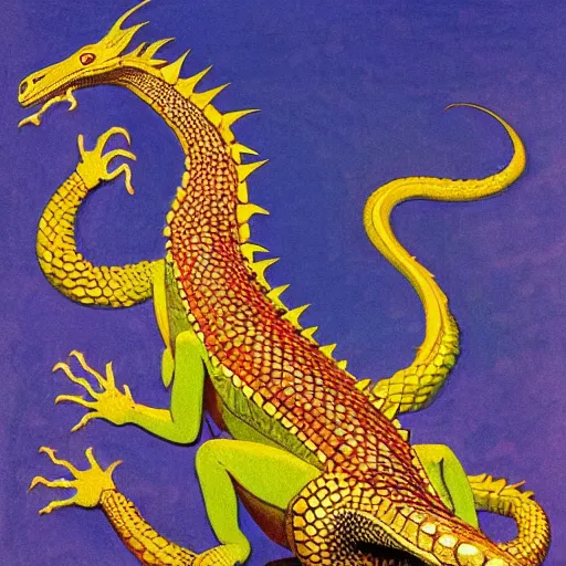 Prompt: beautiful jeweled scaly lizard-headed dragon sitting on top of treasure, by Nicholas Roerich and Warwick Goble, iridescent scales, sinuous dragon body, clawed feet, long spiked tail,dramatic lighting, featured on artstation W 768