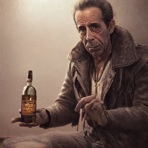 Image similar to a highly detailed epic cinematic concept art CG render digital painting artwork costume design: Humphrey Bogart, scruffy beard, old scars on the face, unkempt long hair, grizzled, tired, in an old 1950s leather jacket, with a bottle of whisky in hand. By Greg Rutkowski, Ilya Kuvshinov, WLOP, Stanley Artgerm Lau, Ruan Jia and Fenghua Zhong, trending on ArtStation, made in Maya, Blender and Photoshop, octane render, excellent composition, cinematic atmosphere, dynamic dramatic cinematic lighting, aesthetic, very inspirational, arthouse