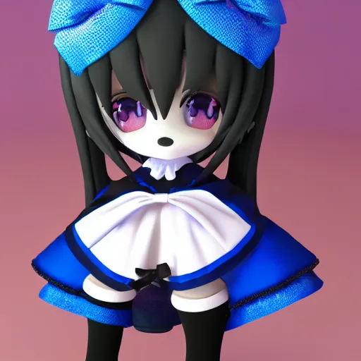 Image similar to cute fumo plush of a gothic maiden in a blue and black uniform, laces and ribbons, soft shadow, anime girl, vray, white frame