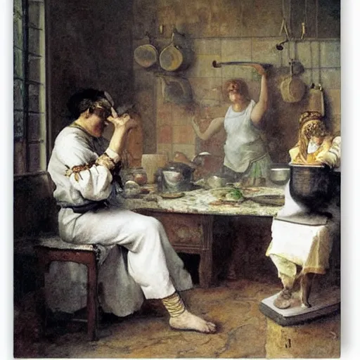 Image similar to Dramatic renaissance scene of cooking in the kitchen, by Greg Rutkowksi and Ilya Repin