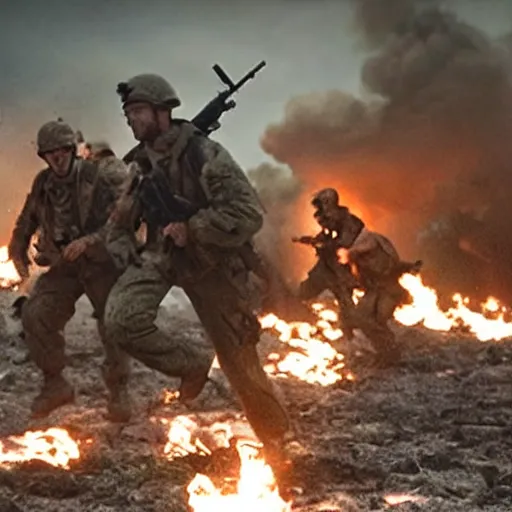 Image similar to american soldiers running at the camera with rifles during normandy beach landing with fiery explosions and debris and dead bodies and limbs all around them in the style of the movie lone survivor and saving private ryan, gritty, 4 k, cinematic lighting, rule of thirds, high power explosions causing bodies to explode with bloody pieces