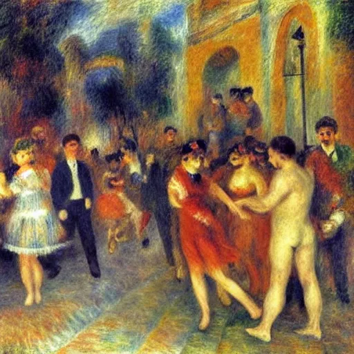 Prompt: disco party, strobo lights, millennials dancing, shorts and short skirts, the square of an italian small town with stairs, impressionist drawing by renoir, high definition