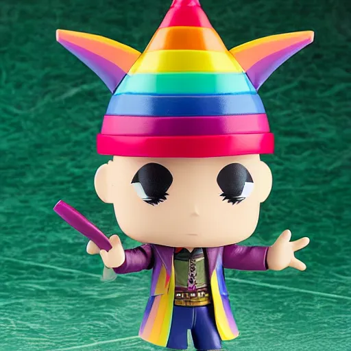 Image similar to a wizard with a rainbow multicolored wizard hat vinyl figure, nendroid