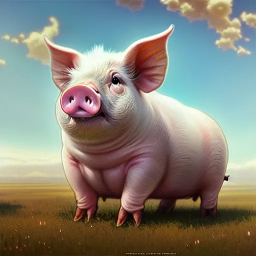 Image similar to cute pig in the sky, cute and cuddly, highly detailed, photorealistic, octane render, 8 k, unreal engine. art by artgerm and greg rutkowski and alphonse mucha, beautiful