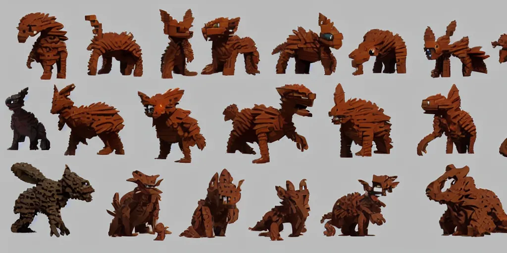 Image similar to creatures called critters, made out of few bricks. cute looking, sharp focus, moebius, character sheet, game concept art, brush work