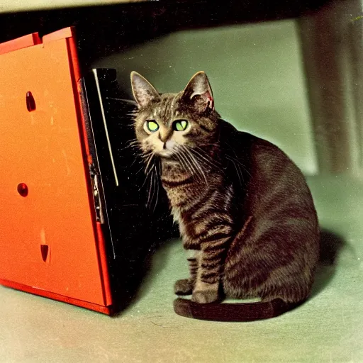 Prompt: full - color 1 9 3 5 photo of schrodinger's cat inside the experimental box. the cat is alive and dead at the same time. the box contains a flask of poison and a radioactive source and a geiger counter. the flask is broken or unbroken. professional science - journal photography.