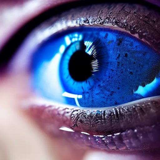 Prompt: macro photography of a hyper realistic stunning woman cyberpunk blue eye. black pupil, blue iris, natural skin no make up. studio shot, epic scale, insanely complex, hyper detailed, sharp focus, hyper realism, artstation, cgsociety, 8 k, unreal engine 5