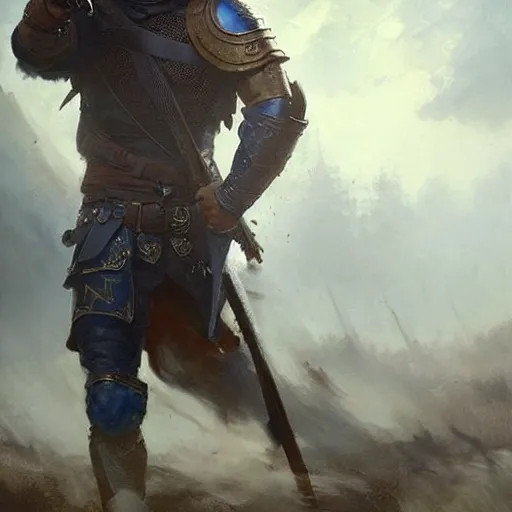 Image similar to Ranger marching toward the viewer, male, muscular, blue eyes!!!!, straight nose!!!, detailed face, exposed thighs!!!, fantasy, medieval, highly detailed, painting by greg rutkowski