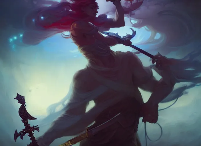 Image similar to full body picture of an legendary blader, holding the ego sword to the camera, chiaroscuro, intricate, masterpiece, epic fantasy illustrations by peter mohrbacher and anato finnstark and jeremy lipking