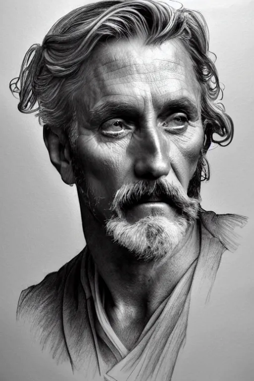 Image similar to hyperrealist pencil sketch of ken curtis as festus david malan and alphonse mucha, fantasy art, drawing, dynamic lighting, artstation, poster, volumetric lighting, very detailed faces, 4 k, award winning