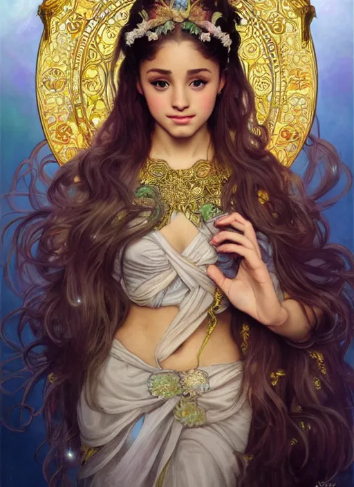 Image similar to Ariana Grande as God of Beauty, cute, fantasy, intricate, elegant, highly detailed, digital painting, 4k, HDR, concept art, smooth, sharp focus, illustration, art by alphonse mucha,artgerm, H R Giger