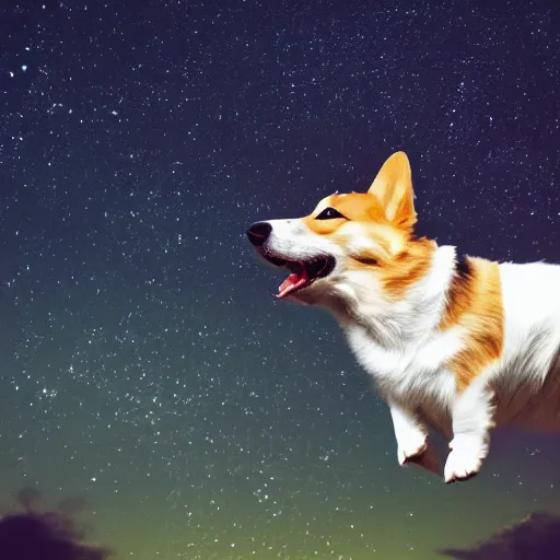 Image similar to corgi attaining [ angelic wings ]!!, [ flying like a superhero ]!! in the [ night sky ]!! where the stars are visibly perceptible, [ realistic photo ]!!, [ 4 k photorealism ]!!, trending on unsplash