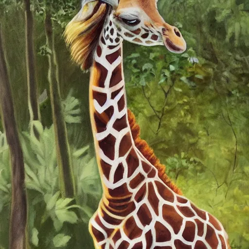 Prompt: A painter who is drawing a giraffe in the jungle