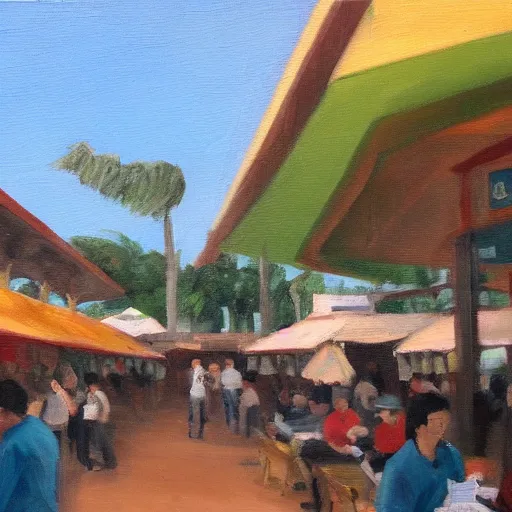 Prompt: an oil painting of a hawker centre