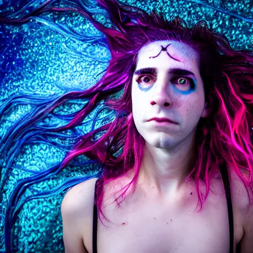 Prompt: Kevin Mitnick as a mermaid, grungy, unkept hair, glowing eyes, modelsociety, radiant skin, huge anime eyes, RTX on, perfect face, directed gaze, intricate, Sony a7R IV, symmetric balance, polarizing filter, Photolab, Lightroom, 4K, Dolby Vision, Photography Award