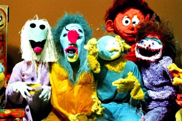 Prompt: a full color still from a weird live action 1 9 7 3 kids show about cheese death, puppets, fuzzy ghost, grunge, horror, static