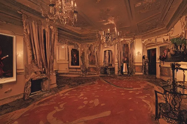 Image similar to full - color 1 9 9 0 s photo of the interior of a spooky elegant mansion at night. the interior architecture and layout are illogical, surreal, bizarre, complicated, and labyrinthine. there is a faintly - visible victorian ghost lurking. highly - detailed high - resolution photography.