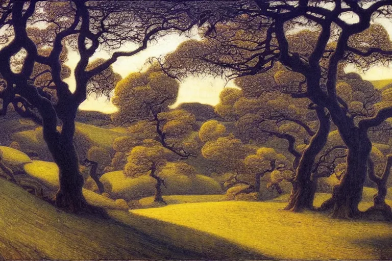 Prompt: masterpiece painting of oak trees on a hillside overlooking a creek, dramatic lighting, by jean delville