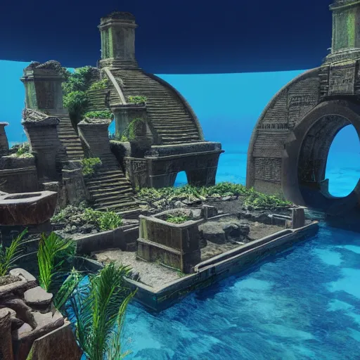 Prompt: the lost city of atlantis, ray traced, unreal engine, underwater, ruins, beautiful