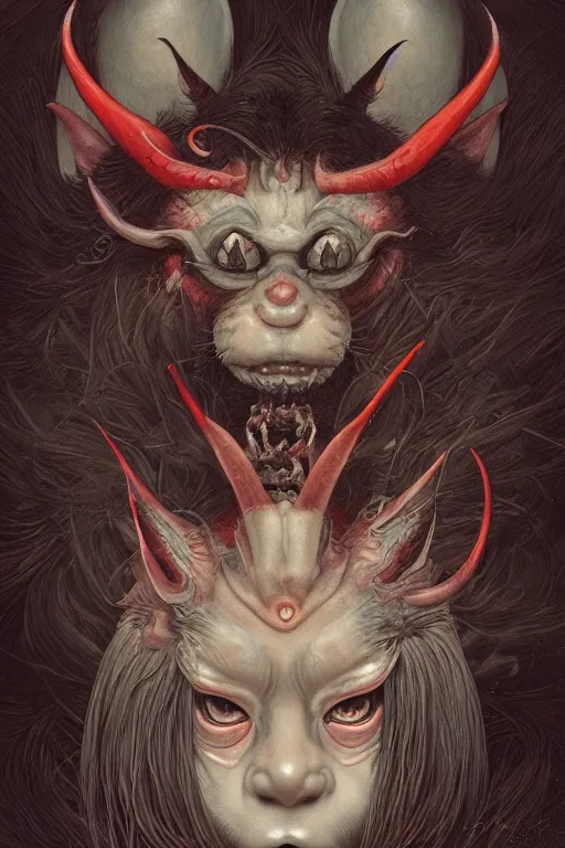 Image similar to a portrait of a japanese horror devil animal illustrated by miyazaki by karol bak, james jean, tom bagshaw, rococo, sharp focus, trending on artstation, cinematic lighting, hyper realism, octane render, 8 k, hyper detailed, vivid, ultra detailed, highly detailed