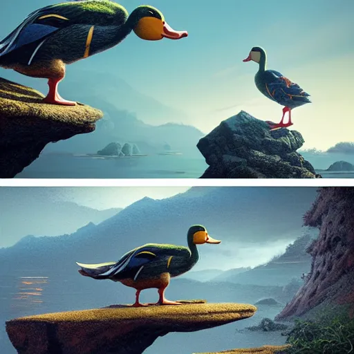 Prompt: a duck standing on a rock in front of a dinosaur intricate artwork by Tooth Wu and wlop and beeple and Dan Mumford. Octane render, trending on artstation, greg rutkowski very coherent symmetrical artwork. Cinematic, hyper realism, high detail 8k