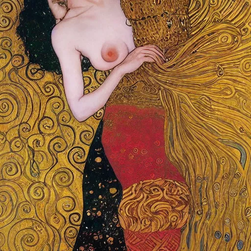 Prompt: a goddess a red haired goddess surrounded by gold by manara, and klimt