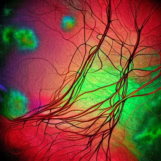 Image similar to the human nervous system in fantastic colours floating in space. digital art.